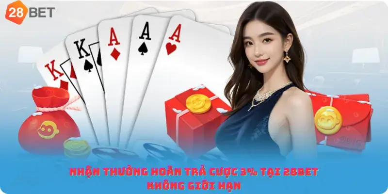 Nhận thưởng hoàn trả cược 3% tại 28bet không giới hạn